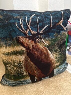 Handsome Tapestry Elk Accent Pillow - Multi-Color Woodland Design